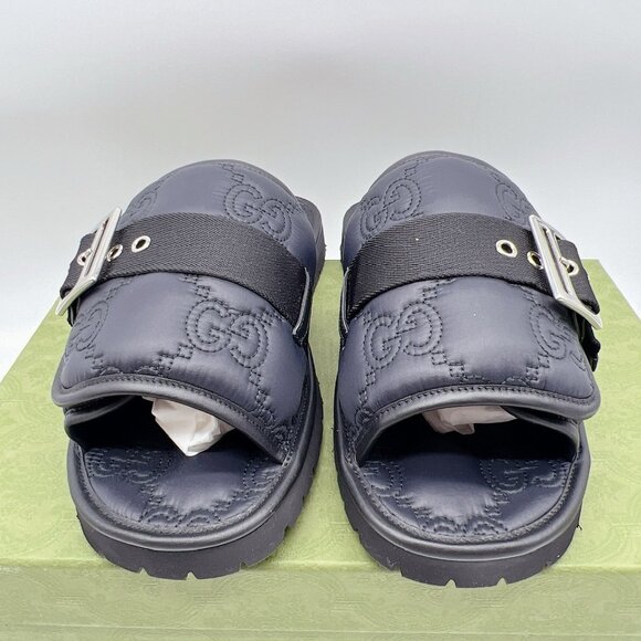 GUCCI Mens GG LOGO Quilted Buckle Black Slides Sandals 776792 Mens UK 9 US 9.5 - Picture 5 of 14